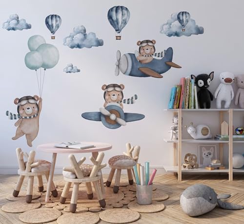 Large Bear & Airplanes Wall Stickers for Kids Bedroom - Bear Hot Air Balloon Wall Decals - Baby Nursery Wall Decals - Plane Wall Sticker for Baby Nursery Playroom Bedroom Girls Boy Room Wall Decor