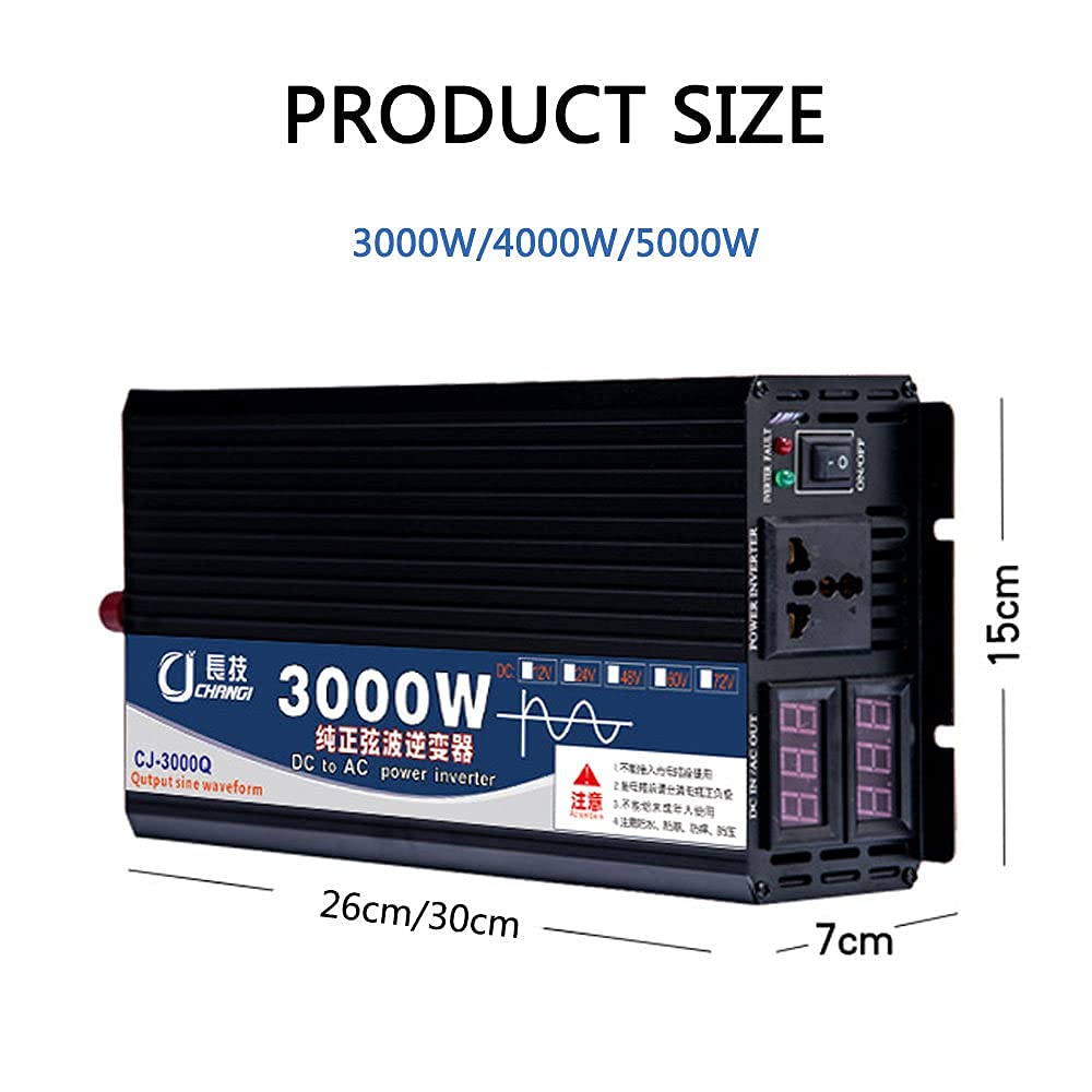 RajoNN Inversores de Corriente, inversor de Onda sinusoidal Pura 3000W 4000W 5000W, inversor de Corriente para Coche DC 12V/24V/48V/60V a 110V220V AC convertidor de Coche con, para