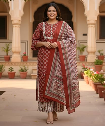 Image of Yash Gallery Women's Rayon Floral Printed Straight Kurta with Pant & Dupatta Set