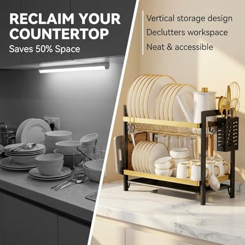 Image of COMFYHOME Utensils Drying Rack,2-Tier Stainless Steel Dish Drying Rack, Saving Countertop Organizer with Drainboard, Drainer Tray & Utensil Holder,Rust-Resistant Suitable for Plates, Cutlery, Bowls