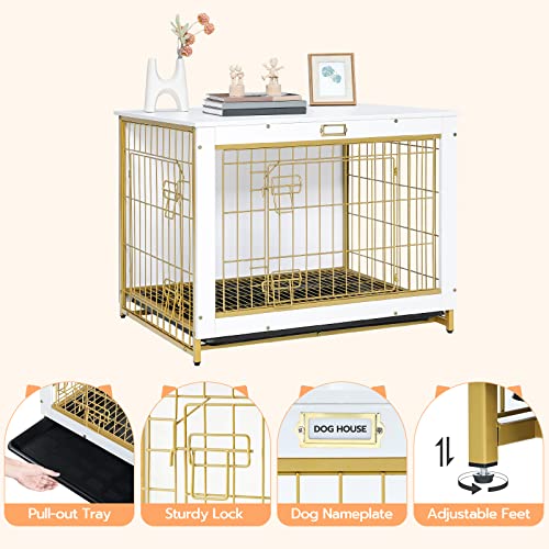 HOOBRO Dog Crate Furniture, 32.5" Medium Dog Kennel Indoor, Wooden Cage with Pull-Out Tray, Double Doors Pet House Side End Table for Medium/Small Dogs, White DW802GW03 - Image 5