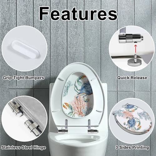 Elongated Toilet Seat sea blue crabs corals watercolor painted nautical style Resin Toilet Seat with Quietly Close Quick Release Hinges Decorative Toilet Seat with Cover Easy to Clean and Install - Image 3