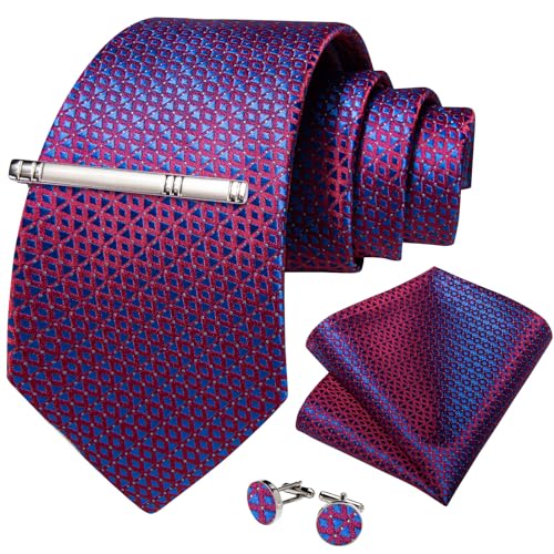 Image of DiBanGu Mens Silk Plaid Tie and Pocket Square Set | Elegant Silk Formal Tie Set, Woven Check Necktie and Cufflinks Tie Clip Set, Perfect for Wedding Party, Comes in Gift Box