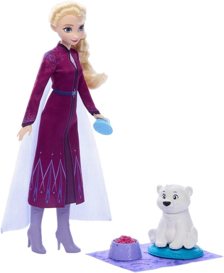 Mattel Disney Frozen Elsa Fashion Doll & Bear Cub Figure with 4 Accessories Including Animal Bed & Blanket, Inspired by Animals of Arendelle Elsa + Bear