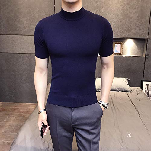 Damen Tshirt 2er Pack Herren T-Shirt Gestricktes Oberteil mit kurzen Ärmeln Einfarbiger Pullover mit halbhohem Kragen Pullover T-Shirt Schlanke Strick-T-Shirts-Navy blau_M Cover