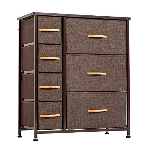 WAYTRIM Dresser Storage Tower with 7 Drawers, Fabric Storage Chest, Organizer Unit for Bedroom, Tall Dresser with Sturdy Steel Frame, Wood Top, Easy Pull Fabric Bins, Wood Handles - Brown