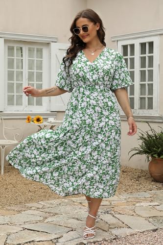 Image of Keluummi Plus Size Maxi Dress for Women V-Neck Floral Empire Waist 3 /4 Sleeve with Pockets(14 Plus, 02 - Green Floral)