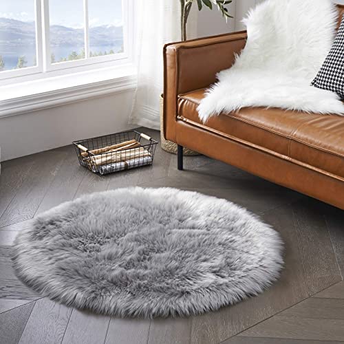 DAOXU Kunstfell Pelz Stuhl, Sitz Pad Shaggy Bereich Teppiche für Schlafzimmer Sofa Boden Home Decorator Teppiche Spielen Teppich Matte Teppich (Grau, 90cm runde) Cover