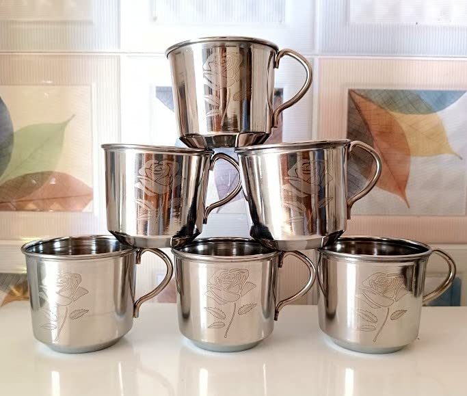Anixa Creation Steel Cups Set of 6 | Stainless Steel Tea Cups Set of 6 pcs | Steel Tea Cup Set of 6 |Coffee Cups | Cup Set of 6 Latest Stylish Design - Laser 3