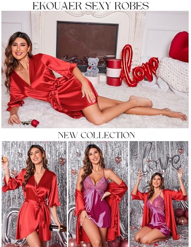 Image of Ekouaer Women's Satin Robe Valentines Lingerie for Women Kimono Bathrobe Short Ruffle Belted Robes Bridesmaids Sleepwear