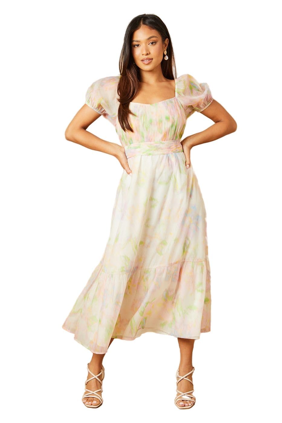 Oasis Petite Ruched Bust Organza Tiered Midi Dress, 8, Blush