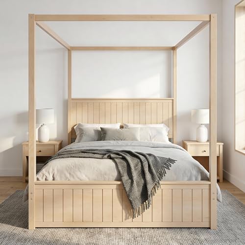 SOFTSEA Queen Size Canopy Bed with Storage Drawers and Trundle, Solid Wood 4-Poster Platform Bed Frame with Headboard, Farmhouse Canopy Bed for Bedroom, No Box Spring Needed, Natural