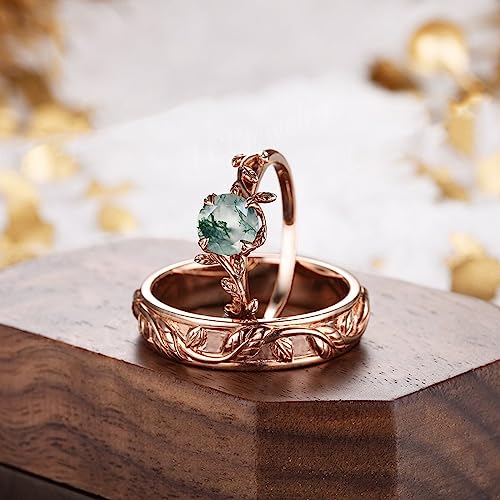 Natural Moss Agate 10K 14K 18K Gold Spiritual Leaf Couple Rings Set Anniversary Birthday Engagment Jewelry Gifts for Couple2