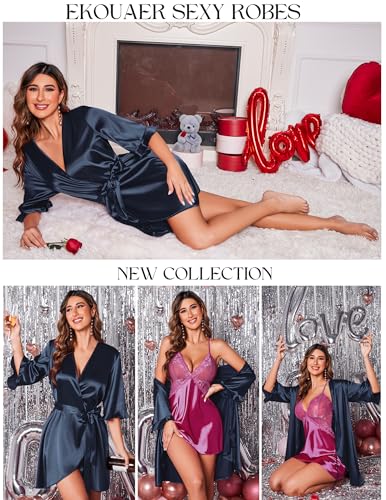Image of Ekouaer Women's Satin Robe Valentines Lingerie for Women Kimono Bathrobe Short Ruffle Belted Robes Bridesmaids Sleepwear