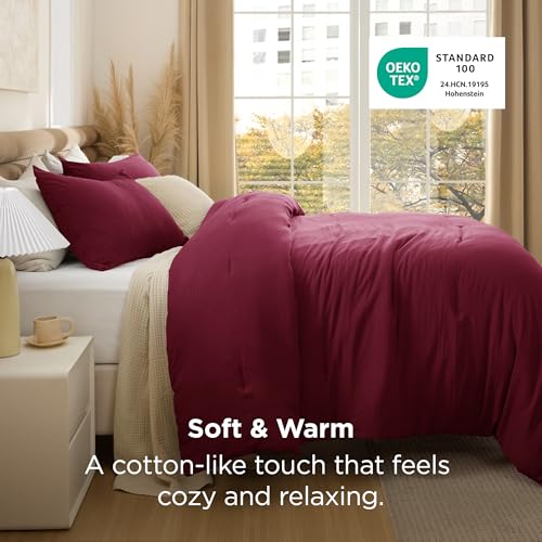 Image of Bedsure Full Comforter Set, Dark Red Soft Prewashed Bedding for All Seasons, 3 Pieces GentleSoft Bed Set, 1 Lightweight Comforter (82 inchx86 inch) and 2 Pillowcases (20 inchx26 inch)