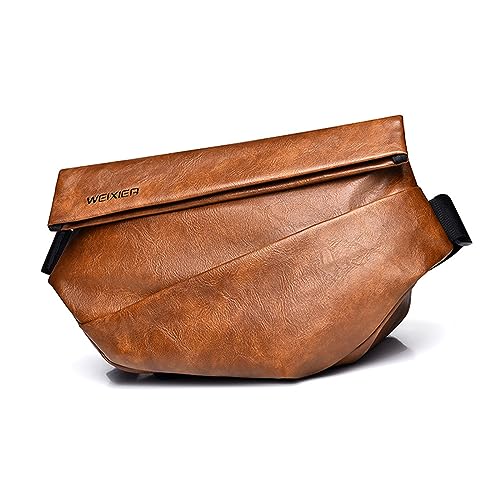 FANDARE Sling Bag Men Chest Bag PU Leather Shoulder Bag Ultralight Chest Crossbody Bags Vintage Waterproof Small Backpack for Outdoor Work Hiking Running Sport Business Travel Bag Brown