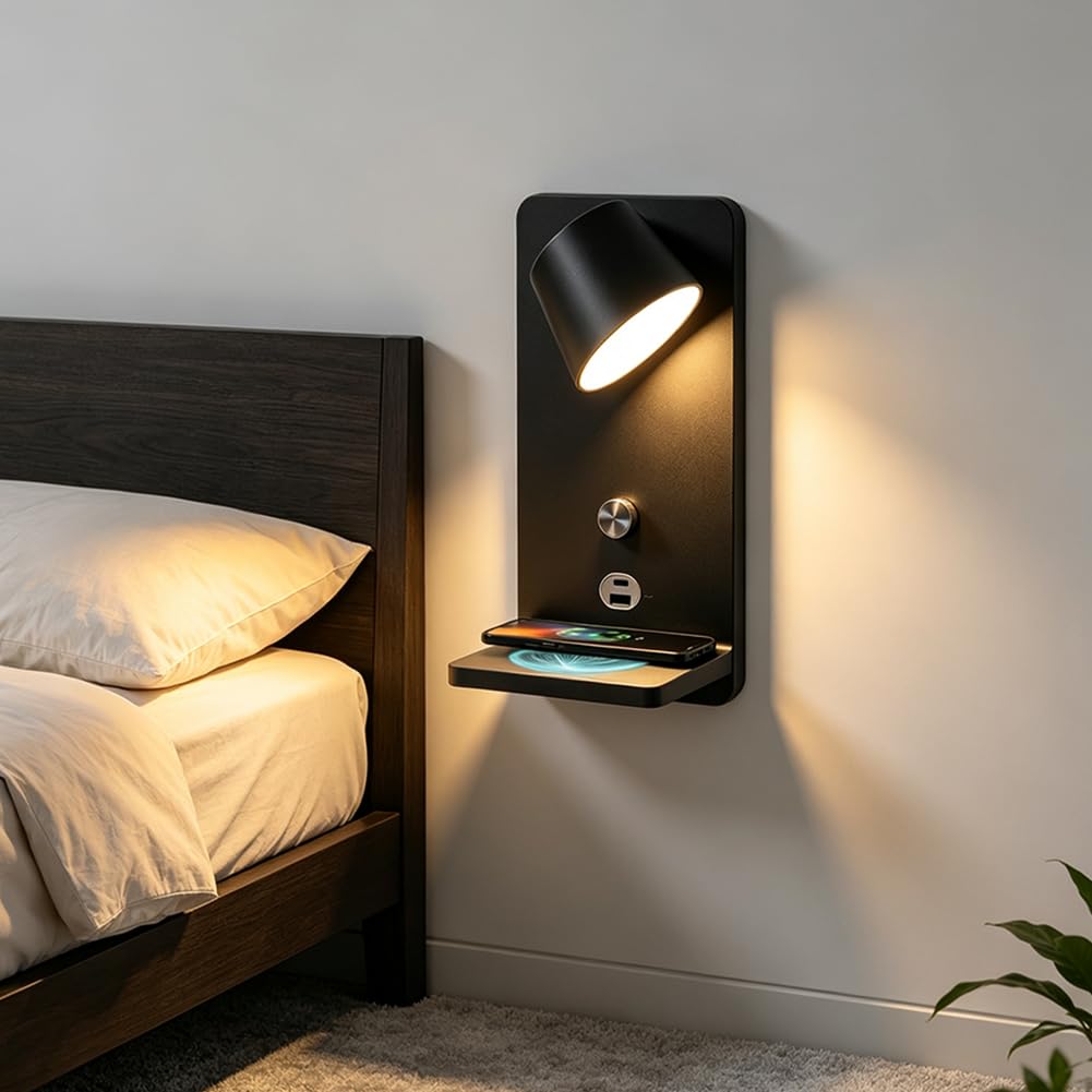 Aplique Giratorio con Regulador de Intensidad y Puerto de Carga USB Lámpara de Pared con Luz Cálida de 3000K Estación de Carga Inalámbrica Lámpara de Lectura de pared LED Iluminación,Negro