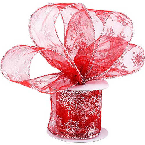 Boao 2.5 Inch Wide Organza Ribbon Snowflake Wired Sheer Glitter Ribbon with Spool for Christmas Decoration, Gift Wrapping, Party Decoration (Red, 10.9 Yards)