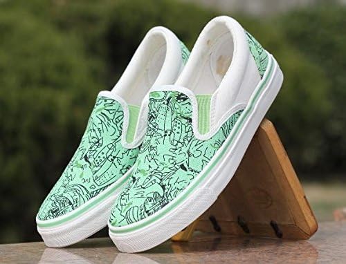 Amazon World Factory キャンバス スリッポン 手書き イラスト風 レディース ローカット カジュアル シューズ パステルカラー 39 グリーン World Factory ローファー スリッポン