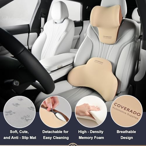Image of Coverado Lumbar Support and Headrest Pillow for Car, Memory Foam Ergonomic Head Neck Support Pillow for Driving Seat, Back Support and Pain Relief, Seat Cushion for Car, Driver, Office