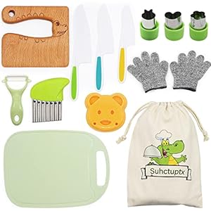 Suhctuptx 14 Pieces Wooden Kids Kitchen Knife Set with Gloves Cutting Board Fruit Vegetable Crinkle Cutters Serrated Edges Plastic Toddler Knifes for Real Cooking Kid Safe Knives – Crocodile