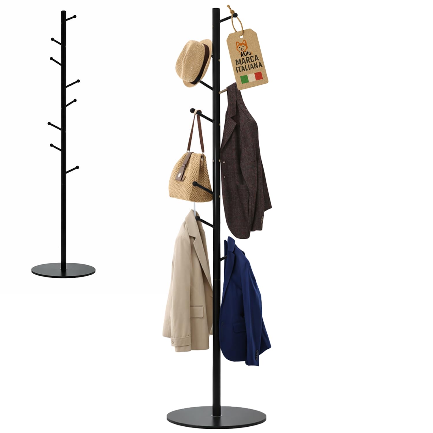 AKITAInk Appendiabiti da Terra a Forma di Albero in Metallo con Base MDF, Attaccapanni con 8 Ganci, Salvaspazio per Vestiti, Cappelli e Borse, Nero, h175 cm