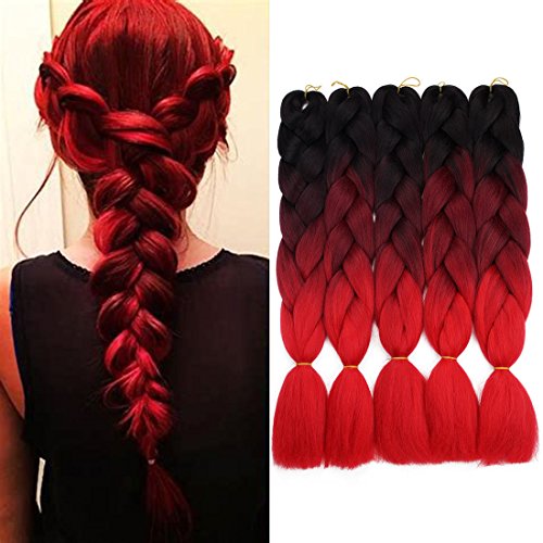 Crochet Braids Ombre Jumbo Braiding Hair Extensions Synthetic Yaki Straight 5 Pieces 2 Tone (Black Wine Red)