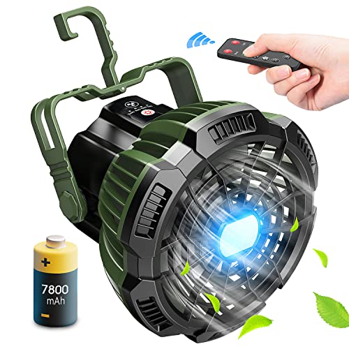7800mAh Camping Fan with LED Lantern, Ceiling Tent Fan with Remote Control, Power Bank, Battery Operated USB Rechargeable Fan, 180°Head Rotation Outdoor Portable Fan for Fishing, Outdoor, Office
