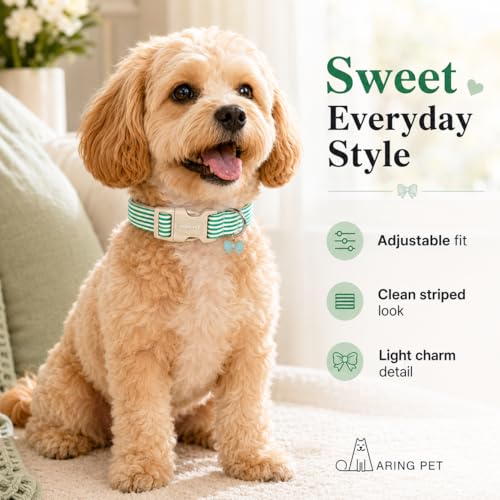Image of ARING PET Teal Striped Dog Collar for Small Medium Large Boy Girl Dogs-XS | Cotton Fall Winter Puppy Pet Collar for XS S M L XL Dogs, Soft Sturdy Comfortable, Daily Wear Park Play Neighborhood Stroll