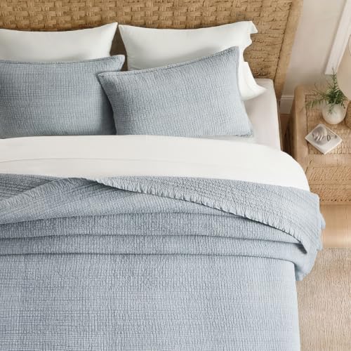 EverGrace Stonewashed Textured Cotton Quilt Set, King Size, Blue Linen by EverGrace - Used condition - Image 3