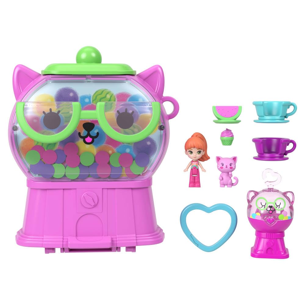 Polly Pocket Dolls and Playset, Gumball Kitty Compact, Travel Toy with 1 Micro Doll, Pet, Teacup & Seesaw Ride - Image 4