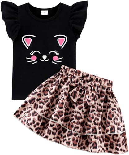 Image of Girls Skirt Set 2 Piece Outfit Toddler Summer Clothes Ruffle Sleeve T-Shirt Bow Knot Tutu Skirt Outfit Set
