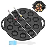 Cast Iron Takoyaki Pan with 15 Holes, Non-Stick Escargot Plate for Snails and Meatballs, Includes Forks and Brush, Compact Size for Home and Professional Use