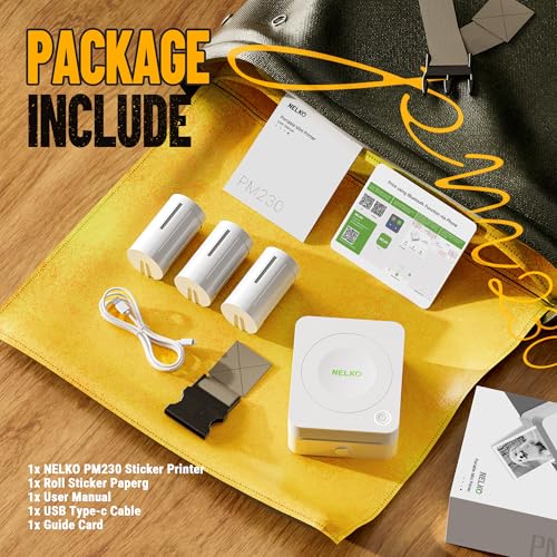 Nelko Mini Drucker PM230 Aufkleber Drucker Fotodrucker mit 3 Rollen Etiketten für Smartphone Thermodrucker Bluetooth Etikettendrucker für DIY Erstellung, Studiennotizen, (Weiß)