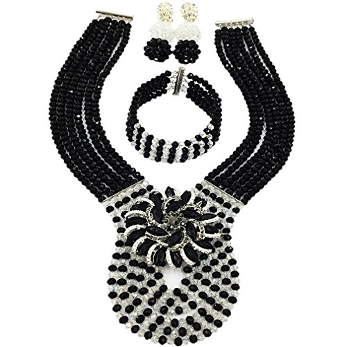 aczuv Women's Fashion Beaded Crystal Nigerian Bridal Wedding Party Necklace African Beads Jewelry Set (Black and Transaprent)