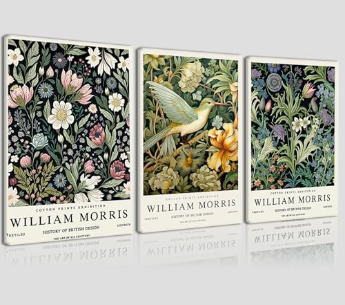 3 Pcs William Morris Style Canvas Wall Art Vintage Botanical Floral and Bird Poster Prints Gallery Wrapped Stretched Canvas Decor for Living Room Bedroom Office Bathroom 16x24 Inch Ready to Hang