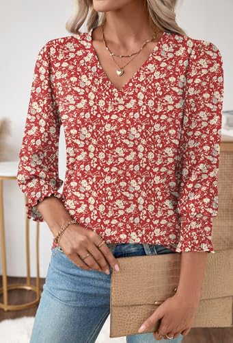 Rapbin Womens Tops Dressy Casual Summer Three Quarter Sleeve Loose V-Neck Blouses Puff Sleeve T-Shirts Peasant Tunic Holiday (Red Floral,Medium) — view 5