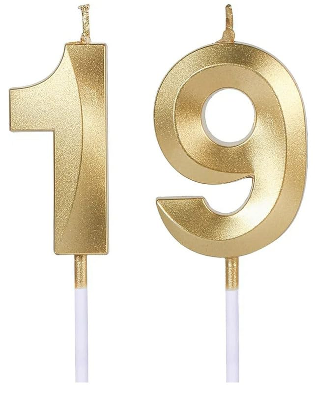 Image of Number Candles3 Inch For Birthday, Wedding, Engagement, Valentines Day Celebration, Bridal Shower, Bachelors Decoration Gold (Numerical No 19 Or 91), Wax, Unscented