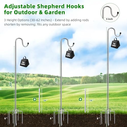 Image of COCONUT Shepherds Hook, 62 Inches Shepherds Hook with 5 Prongs Base Stainless Steel Adjustable Garden Hanging Holder for Bird Feeders Lanterns Planting Hanger Weddings Decor, Silver