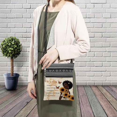 African American Messenger Bag Small Ethnic Pattern Adjustable Strap Crossbody Zipper Pouch Sunflower Inspiring Phone Organizer It's Okay To Be Yourself Shoulder Handbag for Black Women3