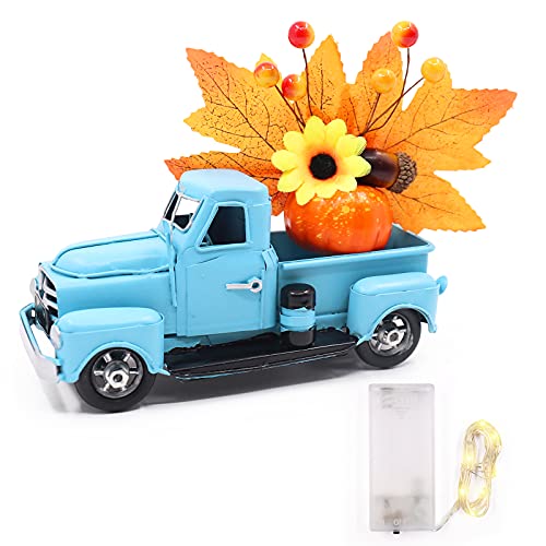 Bessmoso Fall Blue Truck Decor Farmhouse Pumpkin Mini Farm Truck Decoration Pick-up Toy Truck Car Model for Table Home Kitchen Decorations Autumn Leaves Maple Leaf Sunflower Centerpieces