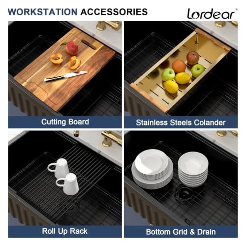 Image of Lordear 33 Black Farmhouse Sink Workstation Porcelain Farm Kitchen Sinks Matte Black Single Bowl Basin 33x20x10 Inch Large Bowl Sink