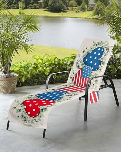 Eucalyptus Love Heart Beach Chair Towel Covers for Chaise Lounge With Side Pocket, Soft Plush Pool Towels Cover for Patio Sunbathing Outdoor Independence Day Farmhouse 29''x85''