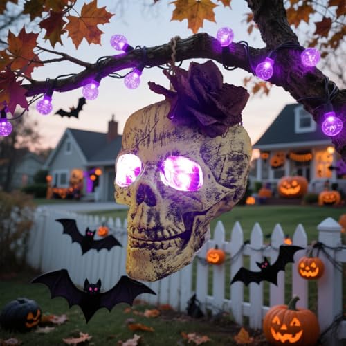 Skelett Halloween Deko Outdoor Garten Totenkopf Party Dekoration Gruselig Halloweendeko Gartendeko Horror Indoor Figur Aussen Schädel mit beweglichem Kiefer Knochen Gruselige Decor Violette