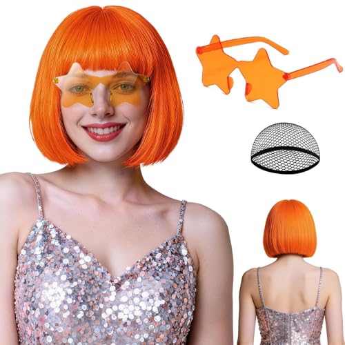 rookea Orange Bob Wigs Star Sunglasses Hair Cap for Women Neon Colored Bob Wig Party Fancy Hairpieces for Halloween Costume Thanksgiving Day Christmas Party Cosplay Nightclubs Daily Wear Musicals