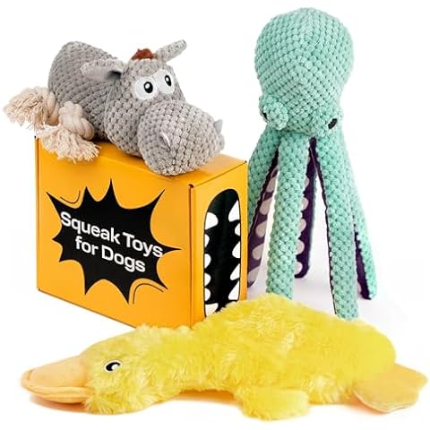 PetSpy Dog Gifts Squeaky Stuffed Dog Toy Pack - 3 Dog Chew Toys for Large, Medium, Small Dogs and Puppies- Rope Donkey, Plush Octopus, Crinkle Duck Toy - Pet Supplies Toys for Dogs to Keep Them Busy Cover
