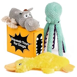 PetSpy Squeaky Stuffed Dog Toy Pack – 3 Dog Chew Toys for Large, Medium, Small Dogs and Puppies- Rope Donkey, Plush Octopus, Crinkle Duck Toy – Pet Supplies Toys for Dogs to Keep Them Busy