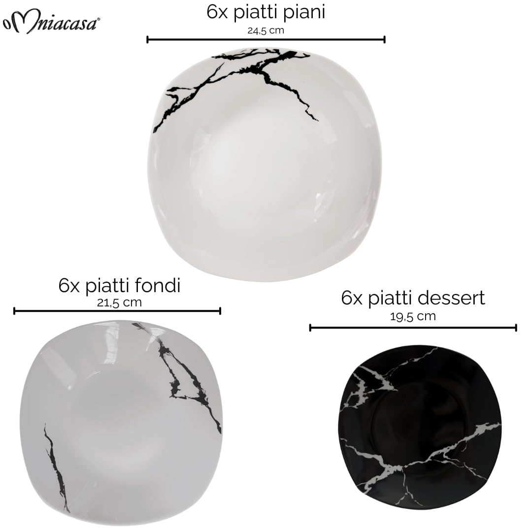 Servizio Piatti 25 Pezzi Per 6 Persone Con Bicchieri e Insalatiera | Resistente Porcellana Bianca e Nera Design Moderno Marmorizzato Elegante Raffinato | Uso Quotidiano, Per Lavastoviglie e Microonde