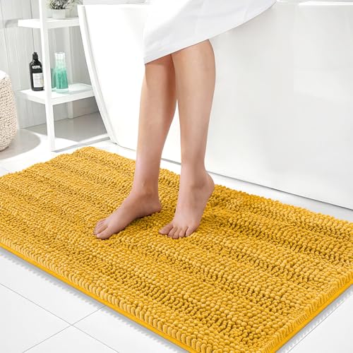 Image of OLANLY Thick Bathroom Runner Rugs 44x24, Extra Absorbent Chenille Striped Bath Rugs, Rubber Backing, Machine Wash, Long Bath Mats for Bathroom, Tub and Shower, Home Decor Accessories, Golden Yellow