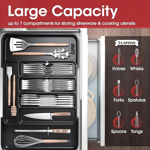 Image of CLAPONE Drawer Organizer Tray /Divider for Spoons Forks Knives Tableware /Kitchen Expandable Utensil Tray /Cutlery Silverware Flatware Holder /Adjustable Utensil Organizer (Premium Black, 1 Pieces)